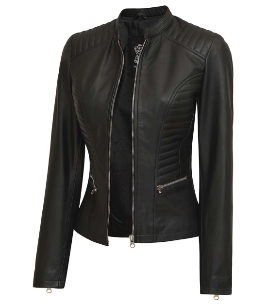 Rachel Women's Tall Black Cafe Racer Leather Jacket - Moto Style