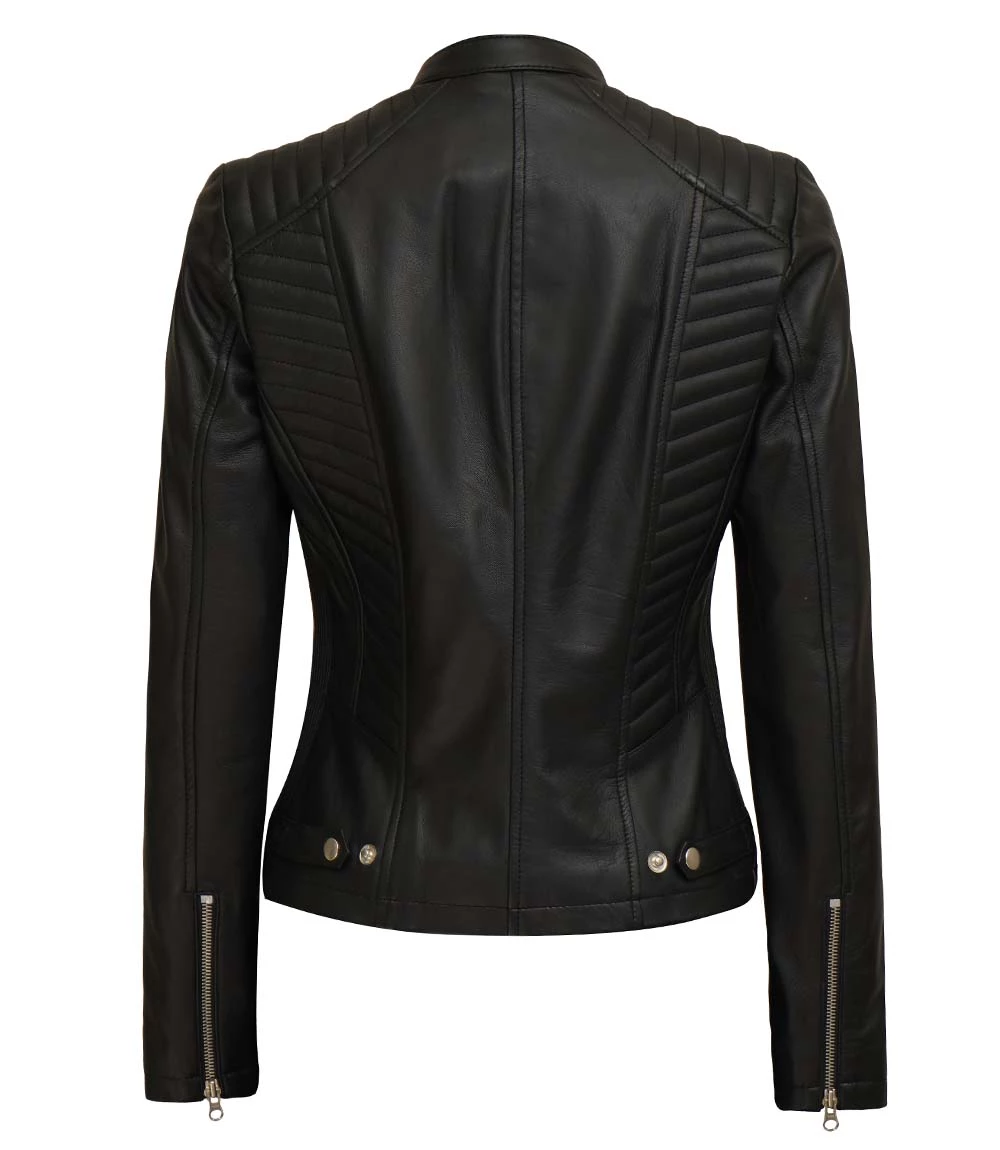 Rachel Women's Tall Black Cafe Racer Leather Jacket - Moto Style