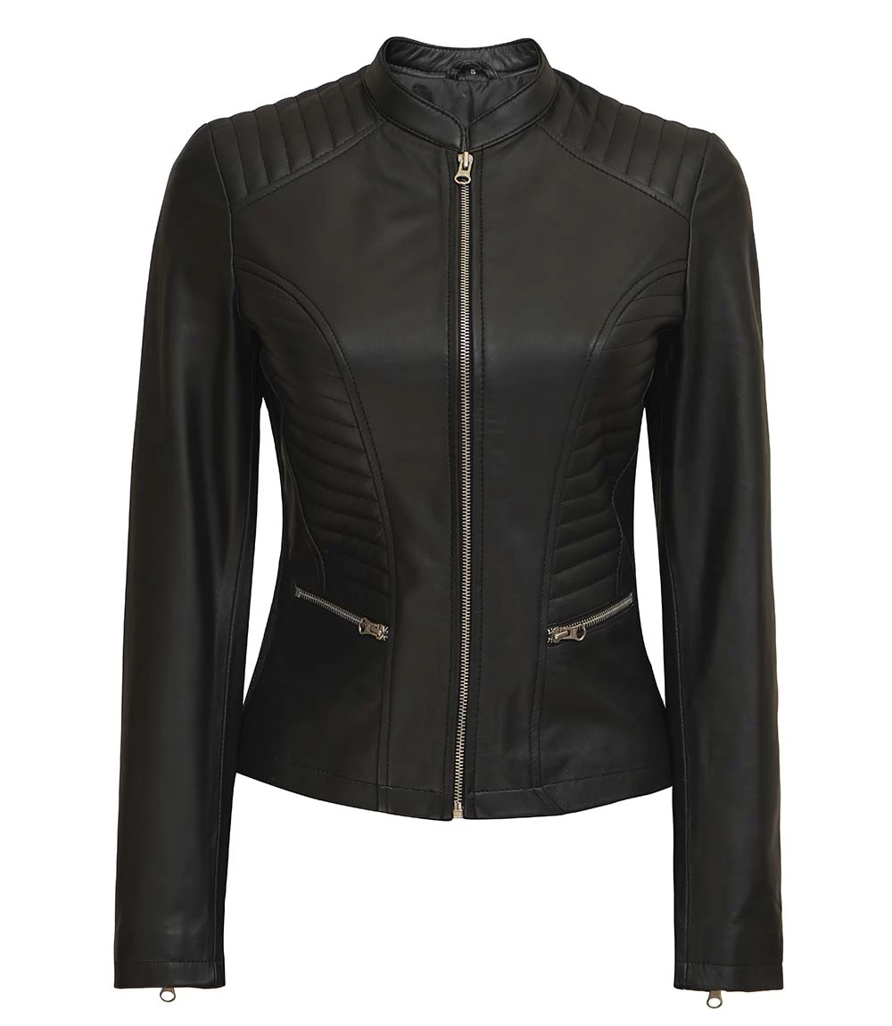 Rachel Women's Tall Black Cafe Racer Leather Jacket - Moto Style