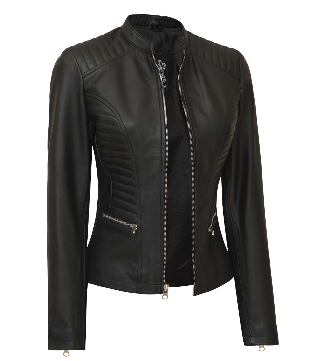 Rachel Women's Tall Black Cafe Racer Leather Jacket - Moto Style