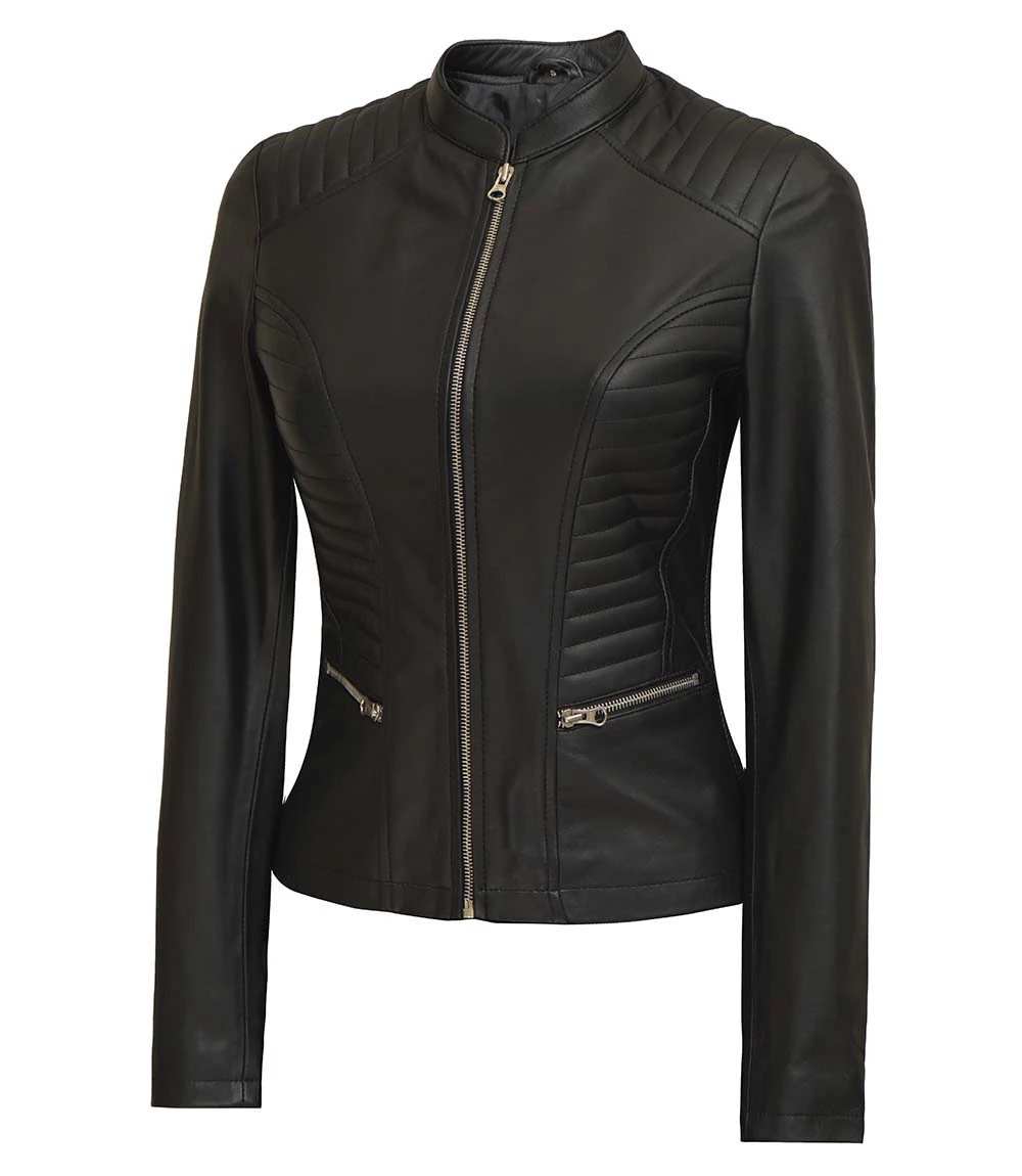 Rachel Women's Tall Black Cafe Racer Leather Jacket - Moto Style