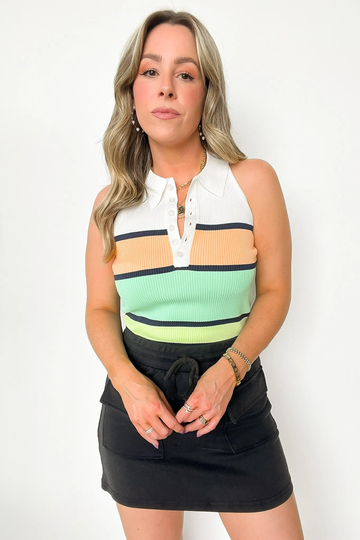 Rhema Color Block Stripe Collared Tank Top