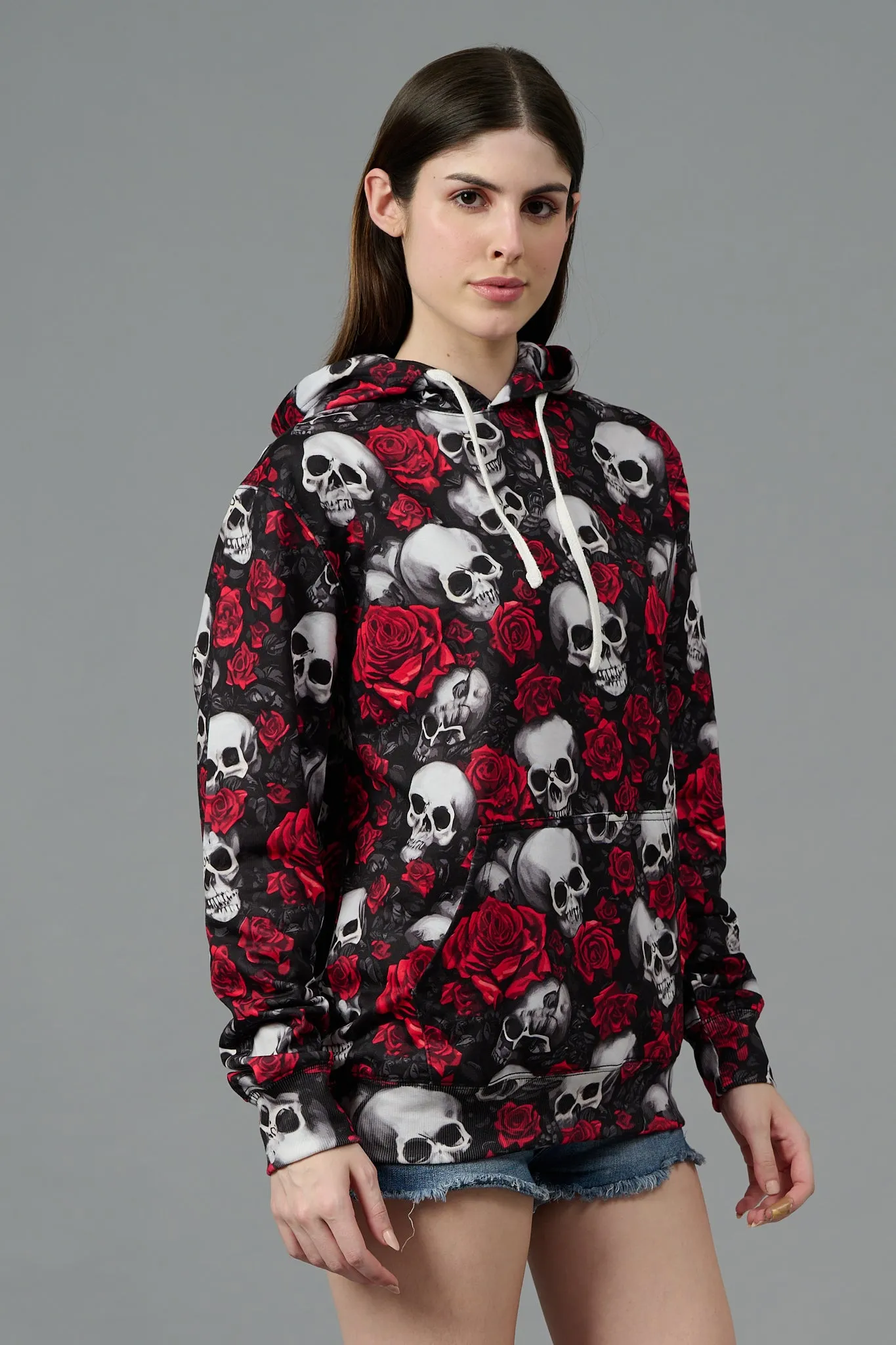 Skull with Rose Printed Black Hoodie for Women