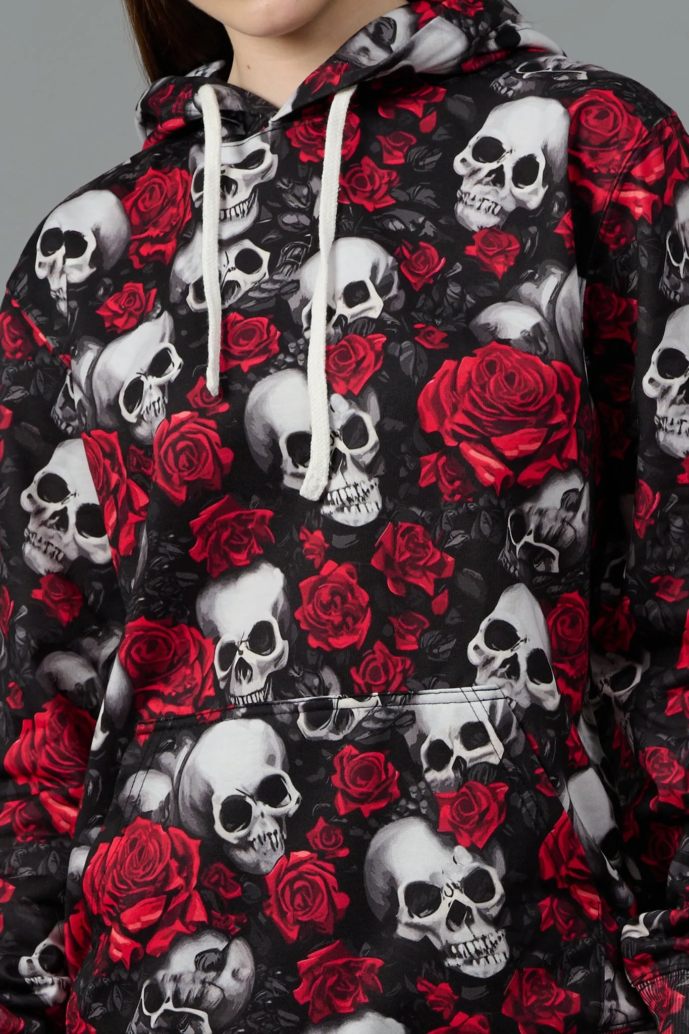 Skull with Rose Printed Black Hoodie for Women