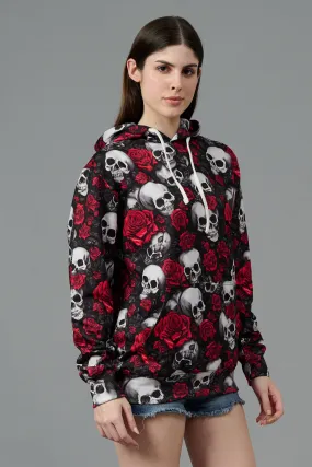 Skull with Rose Printed Black Hoodie for Women