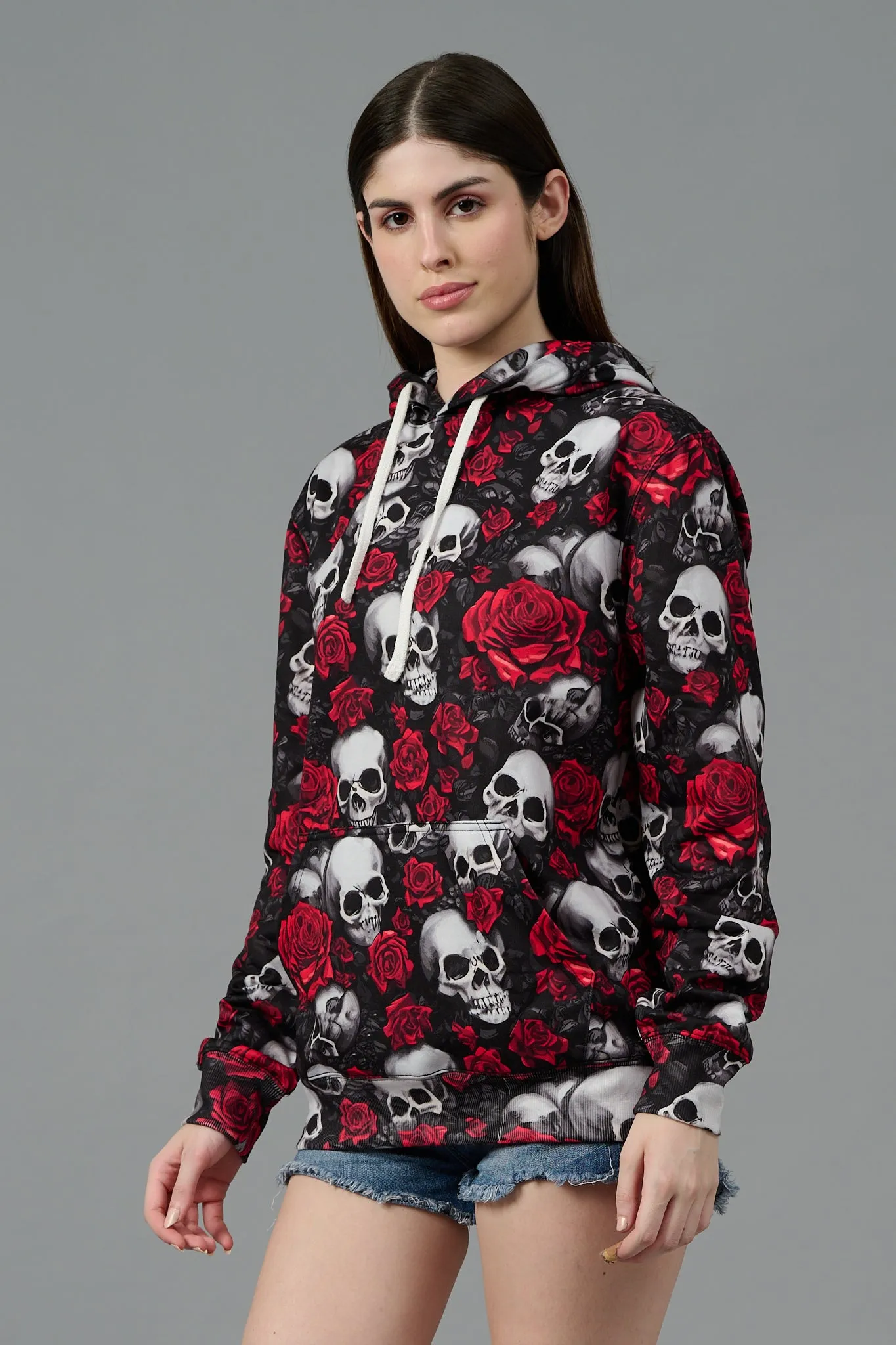 Skull with Rose Printed Black Hoodie for Women