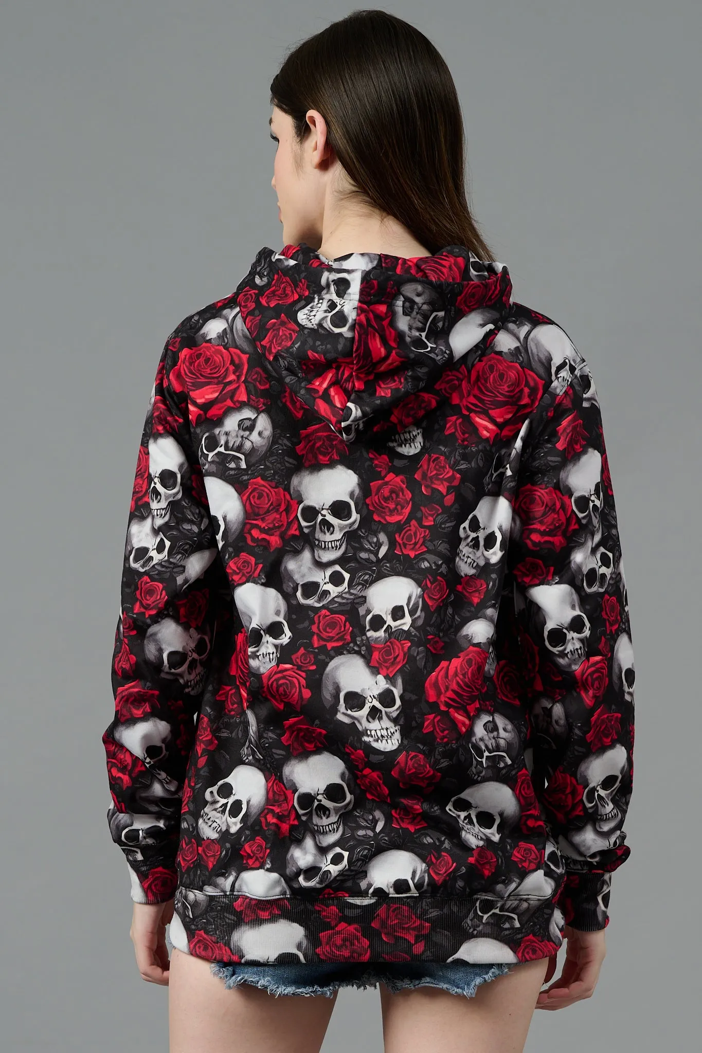 Skull with Rose Printed Black Hoodie for Women