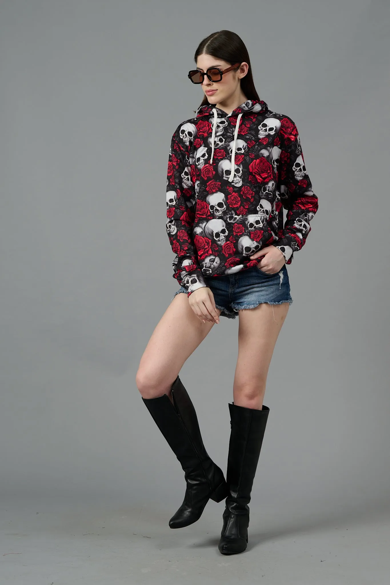 Skull with Rose Printed Black Hoodie for Women