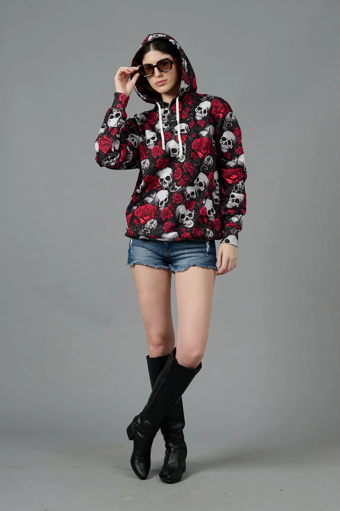 Skull with Rose Printed Black Hoodie for Women