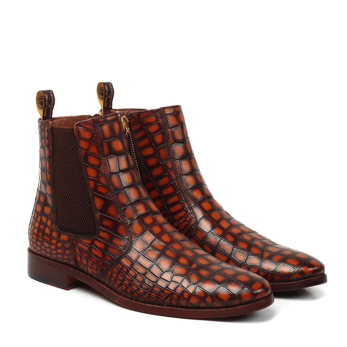 Smokey Finish Cognac Deep Cut Croco Textured Chelsea Boots with Zip Closure By Brune & Bareskin