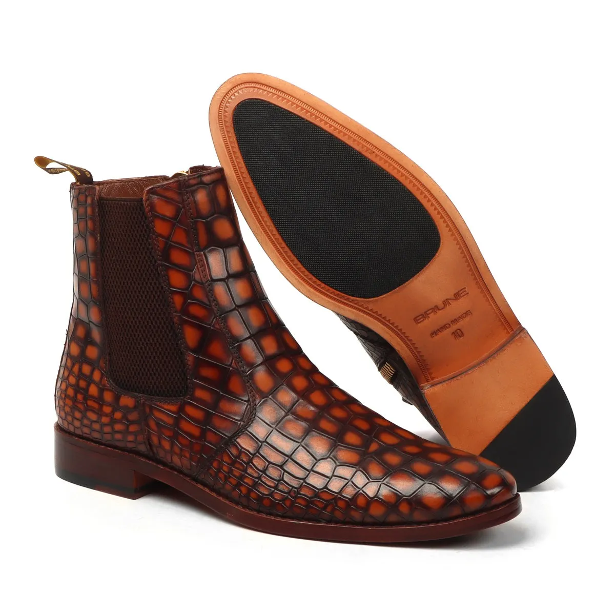 Smokey Finish Cognac Deep Cut Croco Textured Chelsea Boots with Zip Closure By Brune & Bareskin