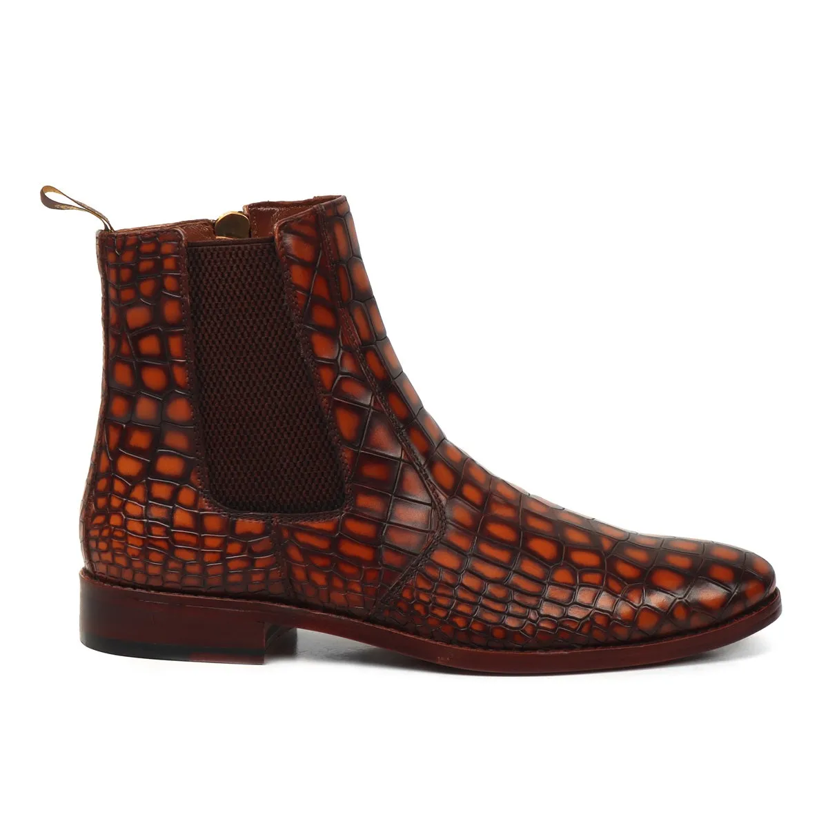 Smokey Finish Cognac Deep Cut Croco Textured Chelsea Boots with Zip Closure By Brune & Bareskin