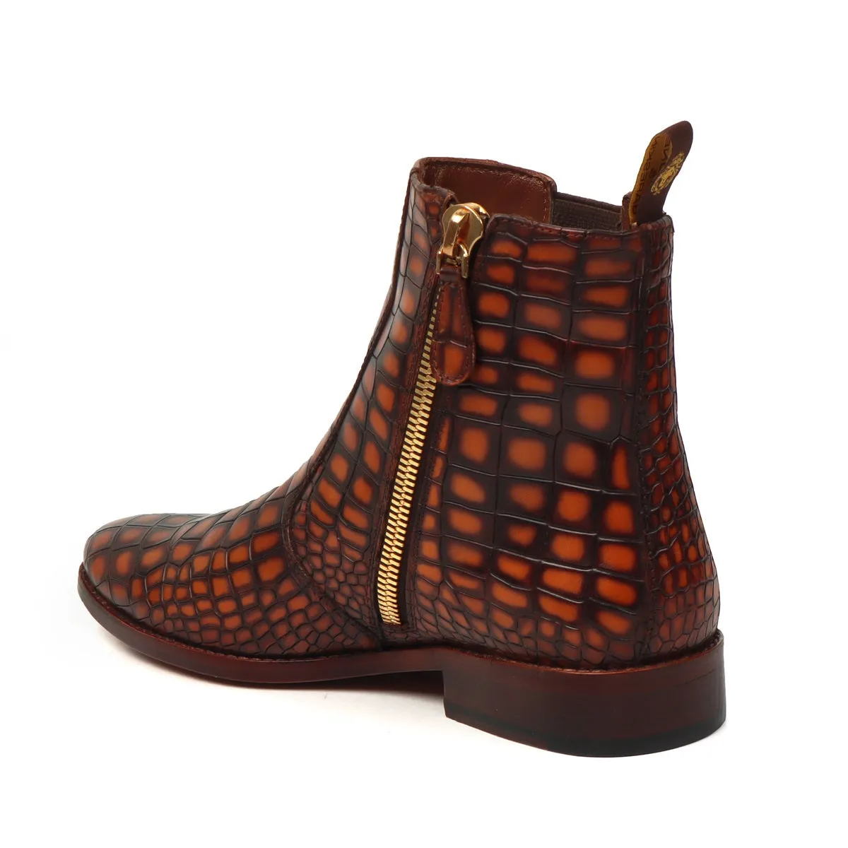 Smokey Finish Cognac Deep Cut Croco Textured Chelsea Boots with Zip Closure By Brune & Bareskin