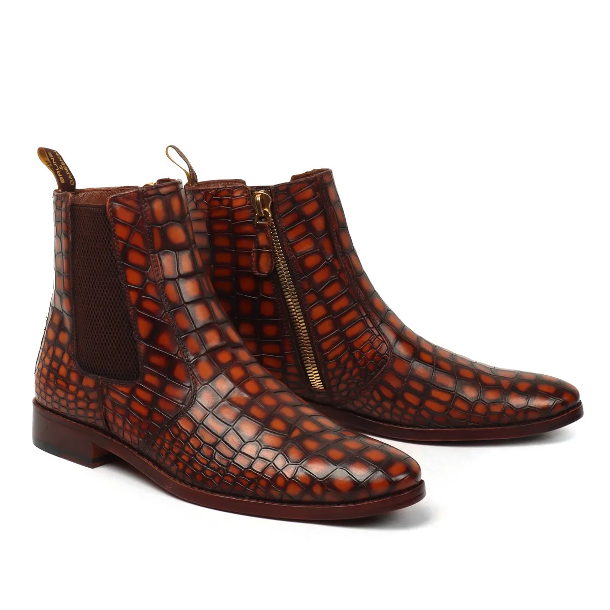 Smokey Finish Cognac Deep Cut Croco Textured Chelsea Boots with Zip Closure By Brune & Bareskin