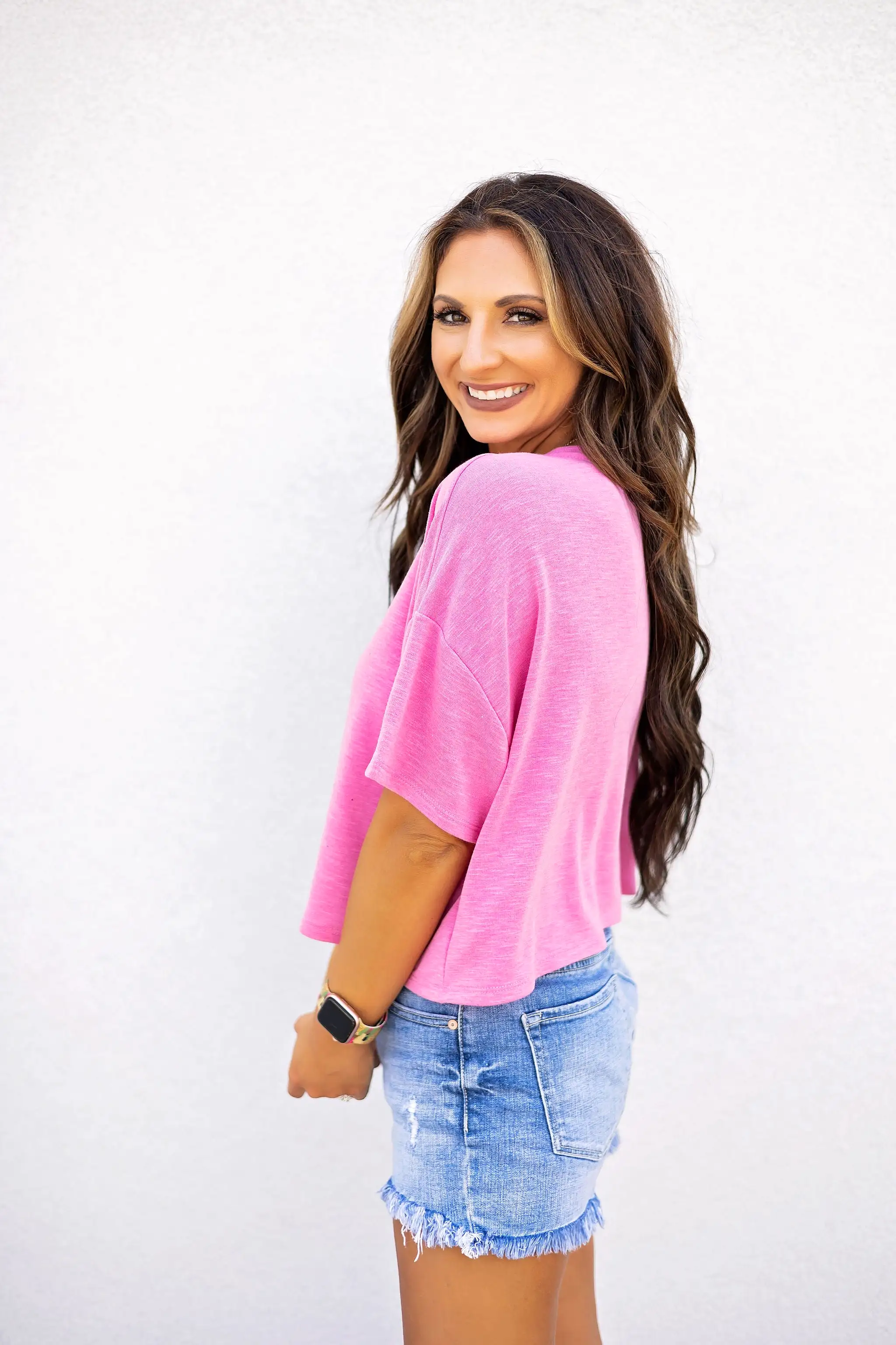 Something Good Distressed Crop - Hot Pink