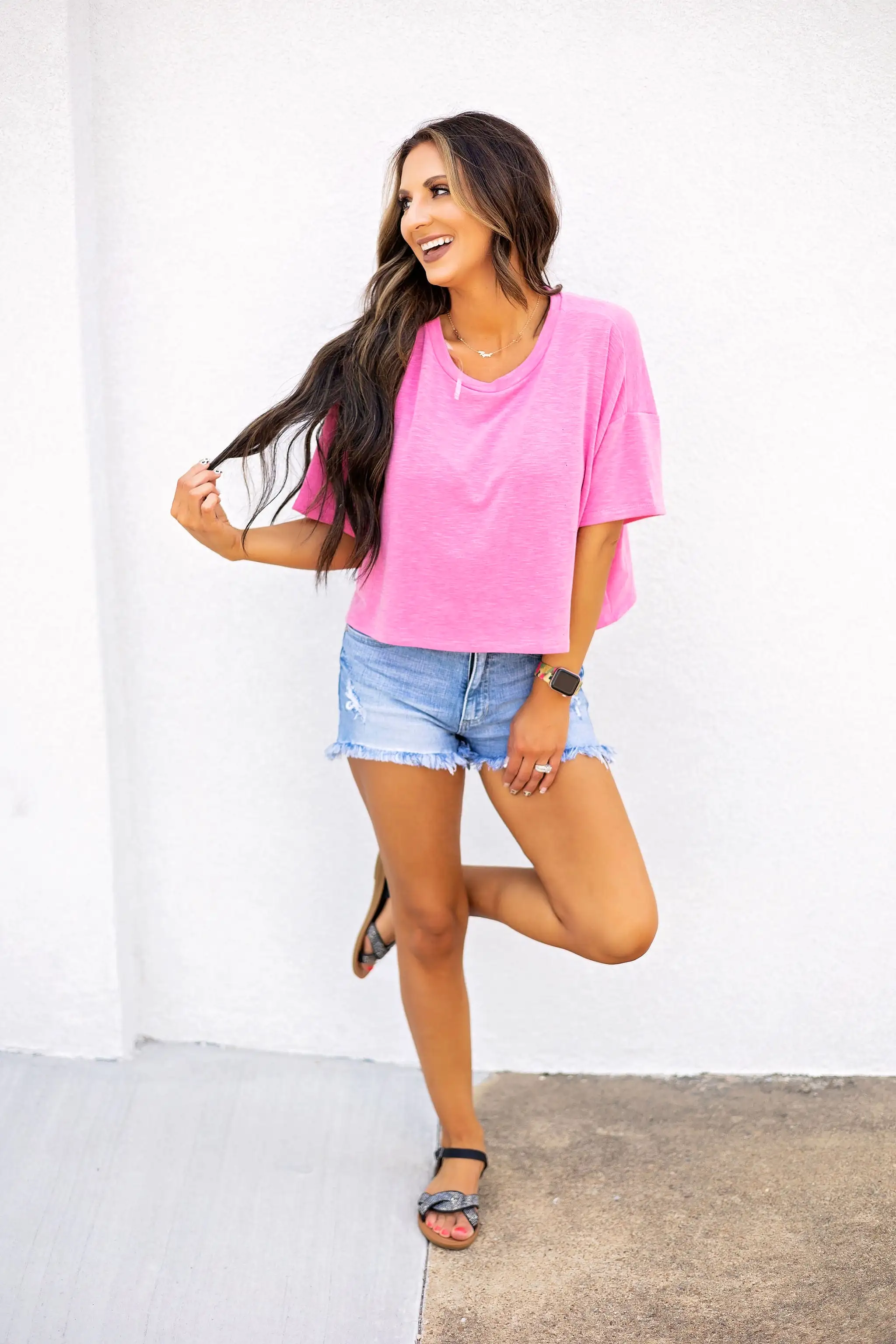 Something Good Distressed Crop - Hot Pink