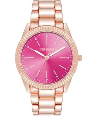 Steve Madden Women's Coin Edge Hot Pink and Rose Gold Tone Alloy Metal Bracelet Watch