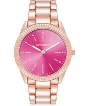 Steve Madden Women's Coin Edge Hot Pink and Rose Gold Tone Alloy Metal Bracelet Watch