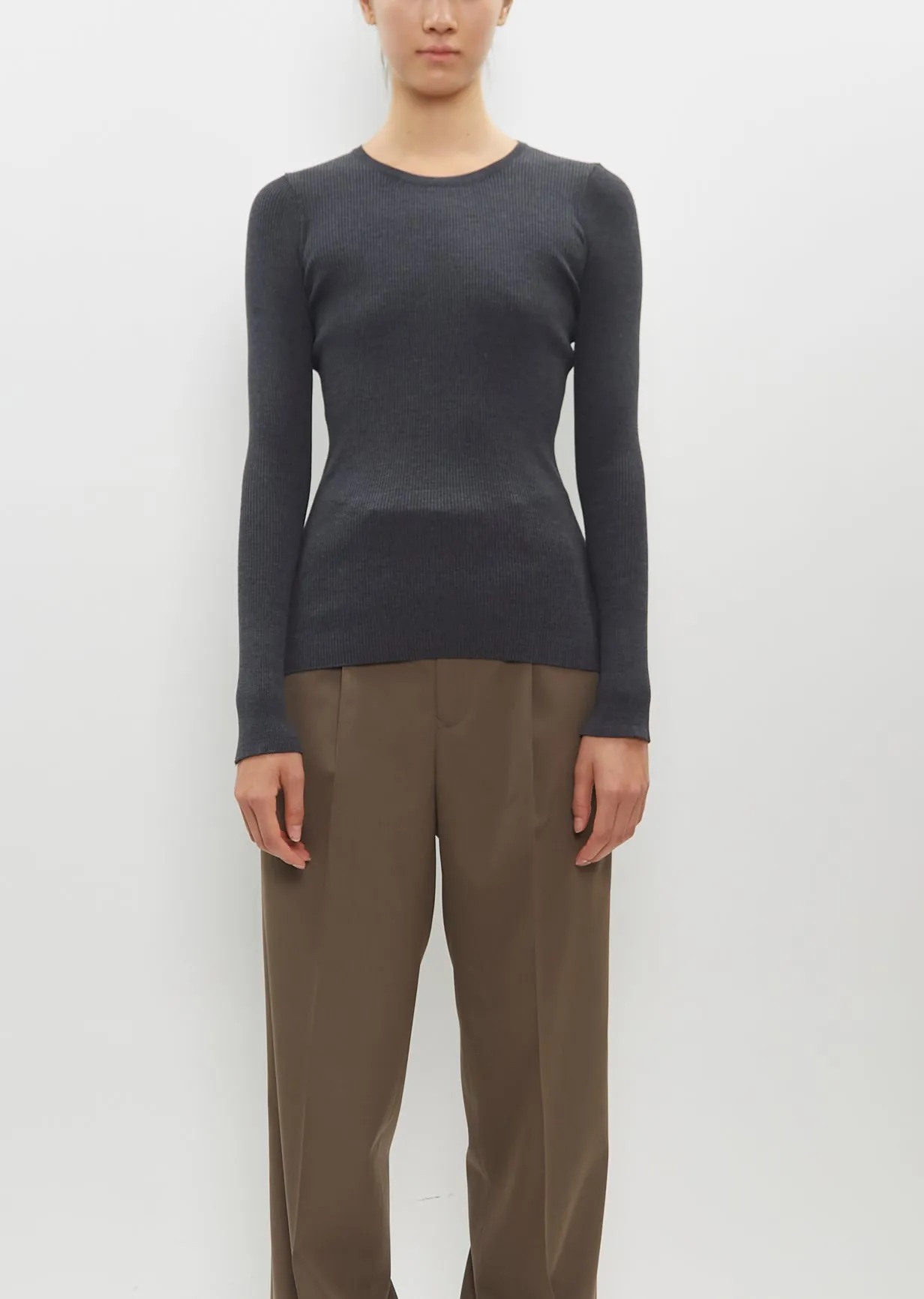 Super Fine Wool High Gauge Rib Knit Pullover — Top Charcoal