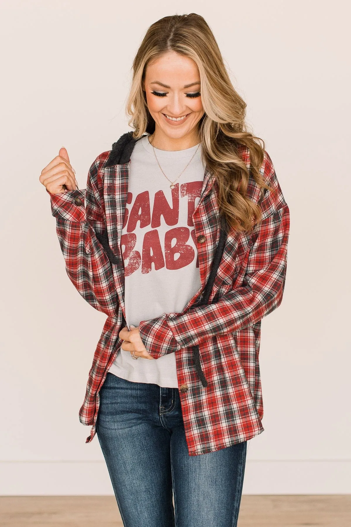 Take The Leap Hooded Plaid Top- Red & Charcoal