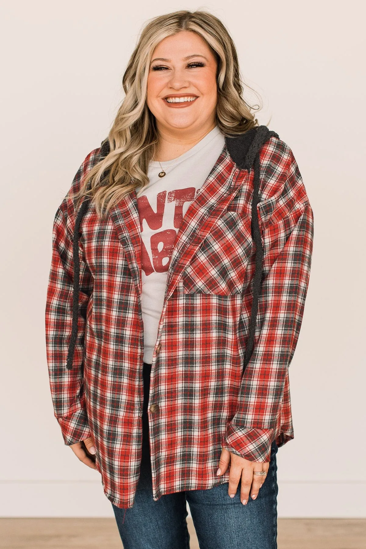 Take The Leap Hooded Plaid Top- Red & Charcoal