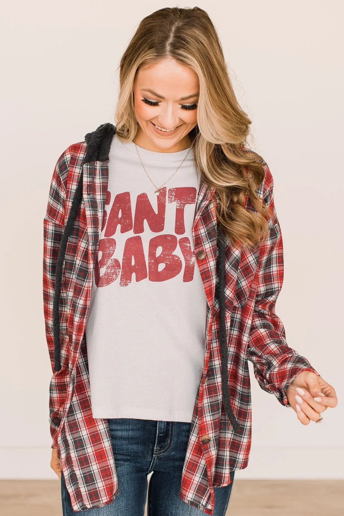 Take The Leap Hooded Plaid Top- Red & Charcoal