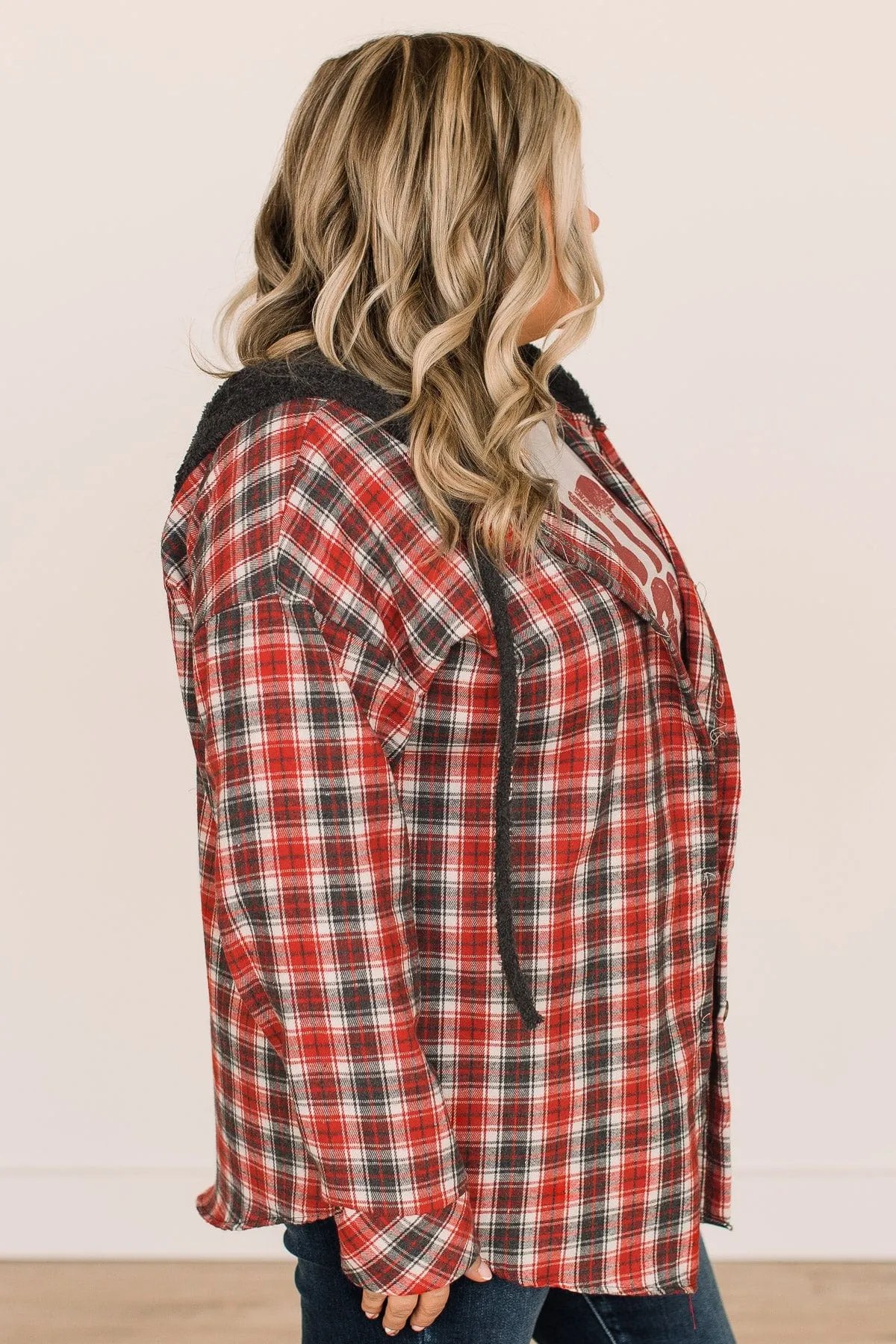 Take The Leap Hooded Plaid Top- Red & Charcoal