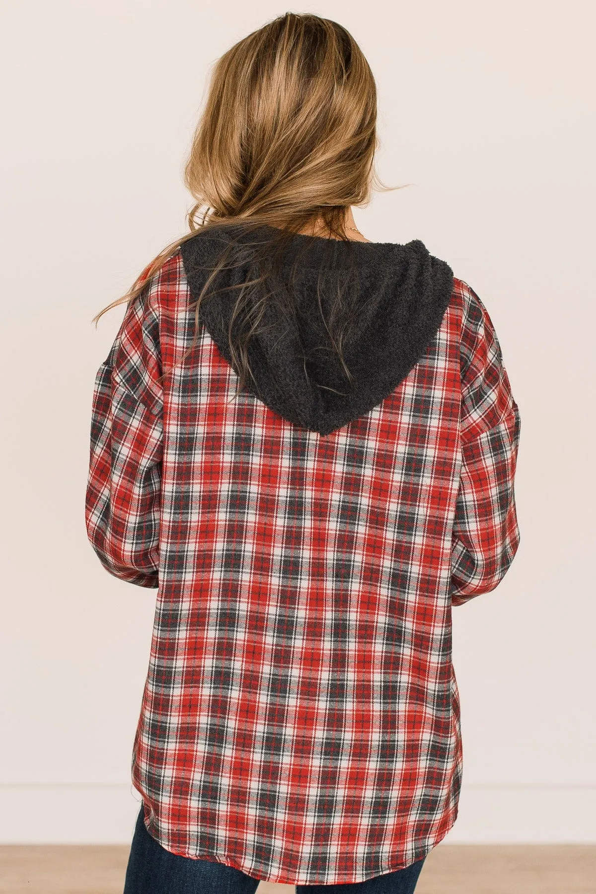 Take The Leap Hooded Plaid Top- Red & Charcoal