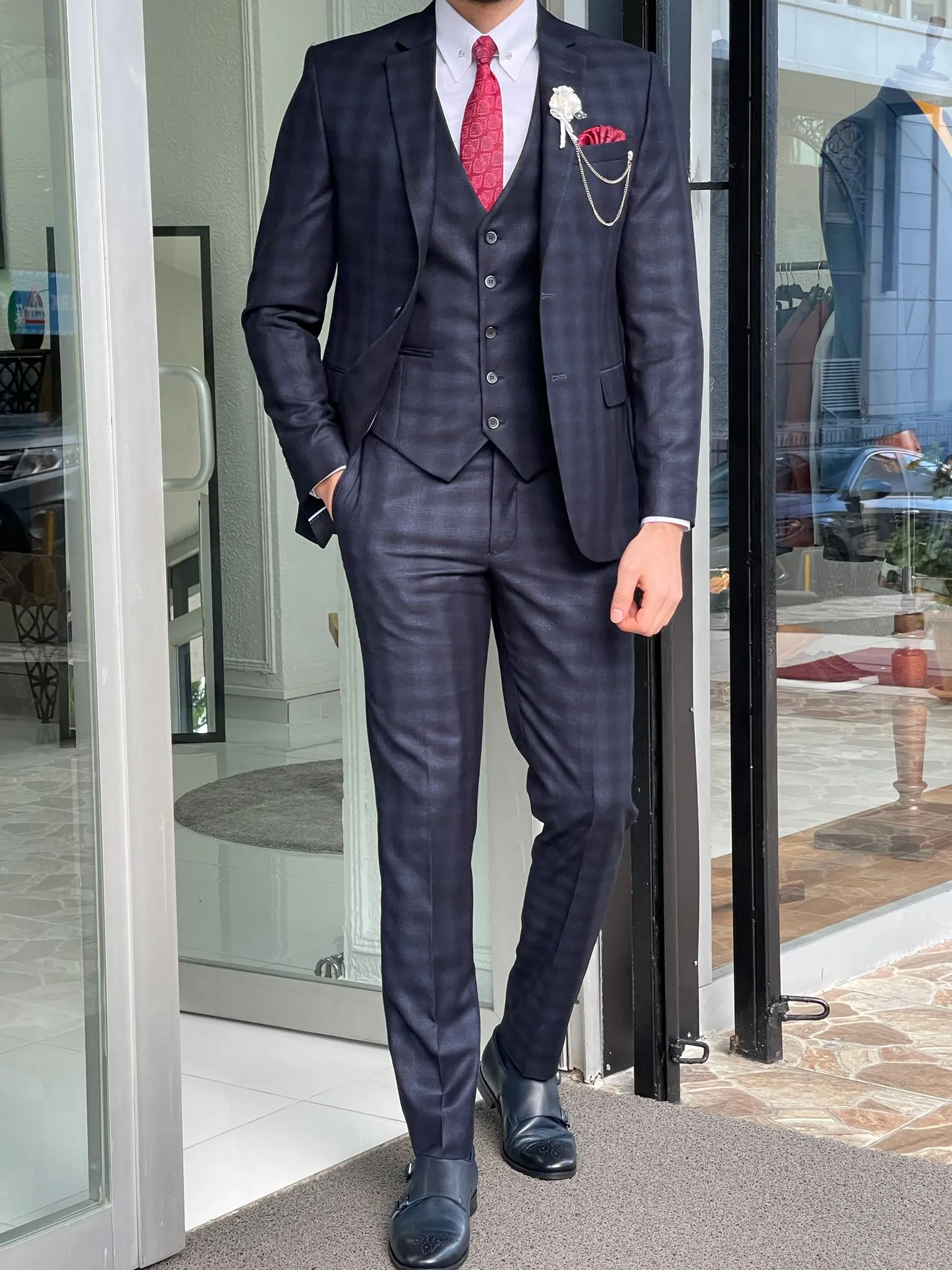 Tallin Navy Blue Slim Fit Notch Lapel Plaid Wool Suit