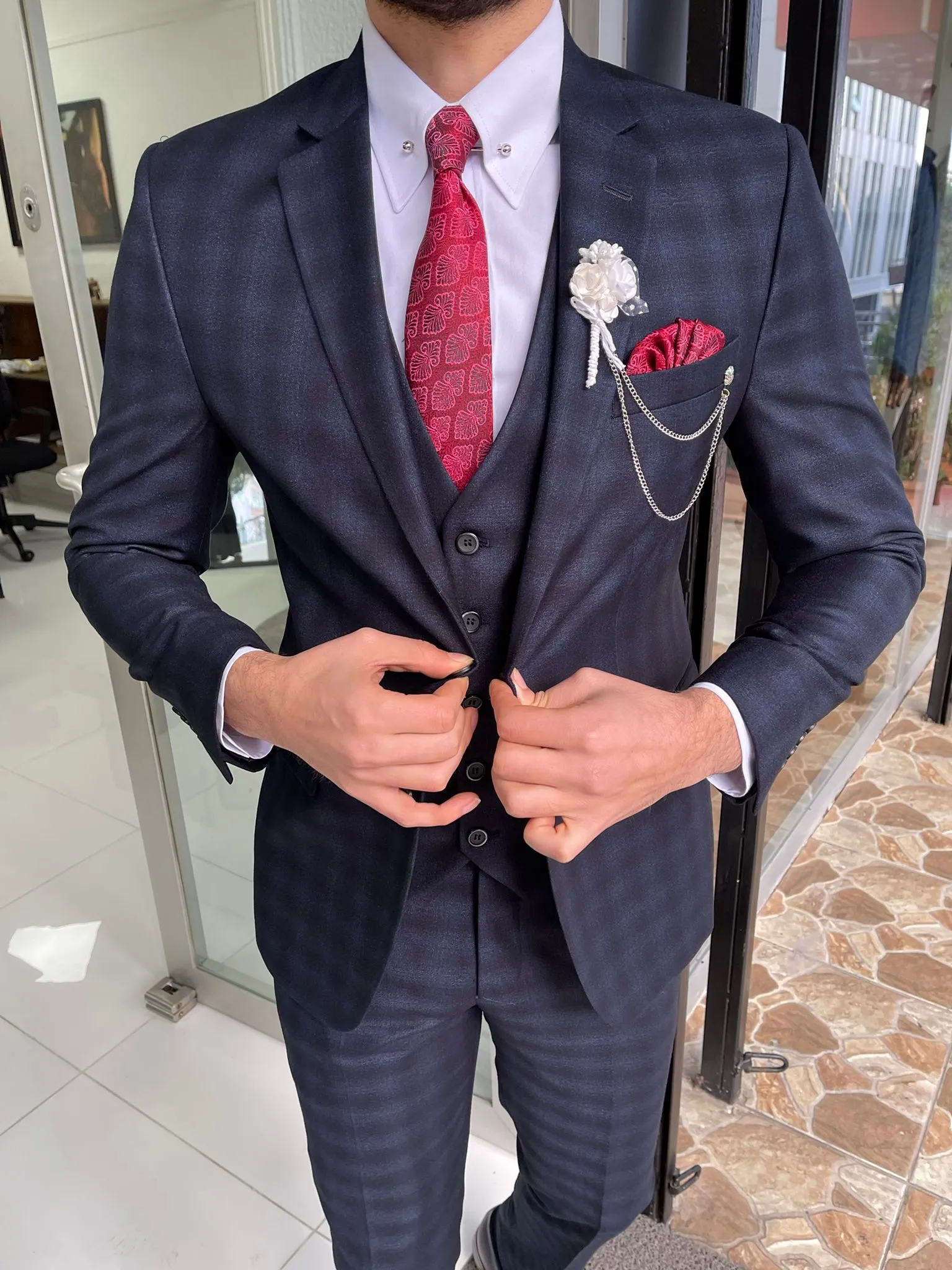 Tallin Navy Blue Slim Fit Notch Lapel Plaid Wool Suit