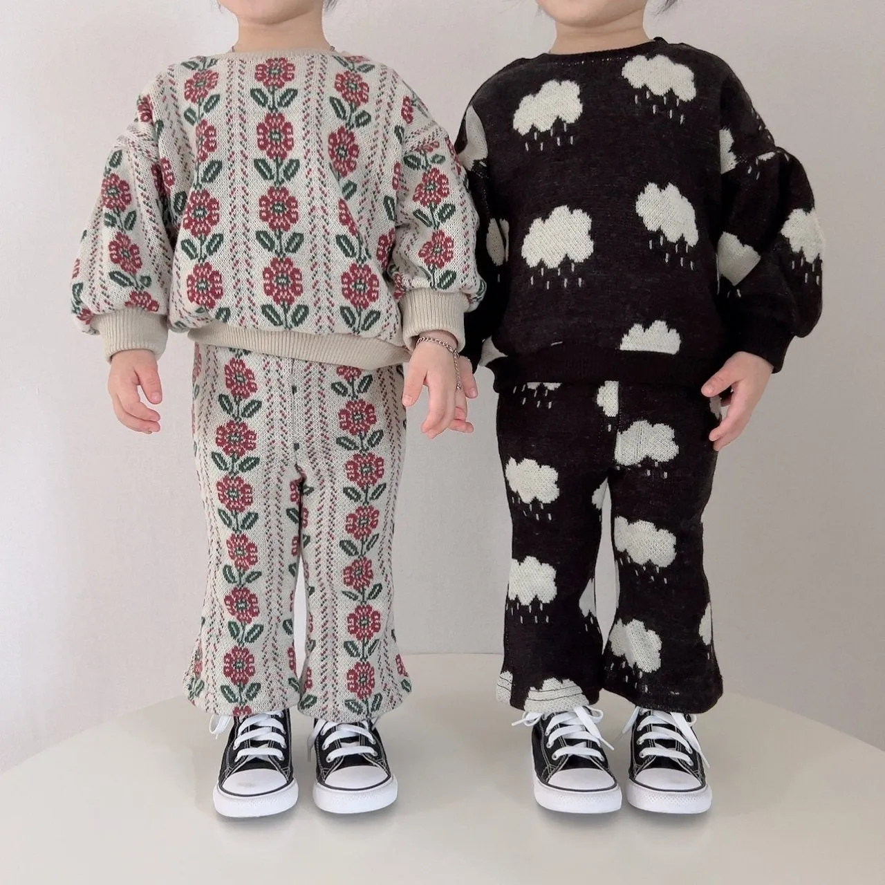 Toddler W24 Jacquard Puff Sleeve Sweater & Flare Pants Set (15m-7y) - 3 Colors