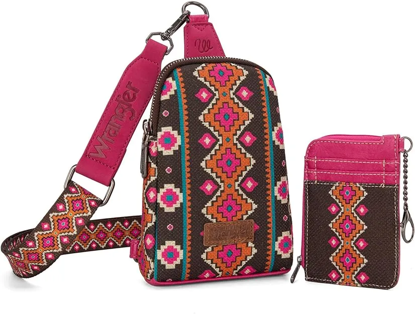 WG2205-210W  Wrangler Aztec Print Crossbody Sling Chest Bag With Zip Card Holder Set -Hot Pink