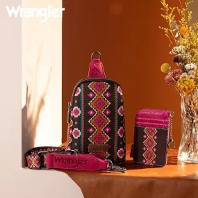 WG2205-210W  Wrangler Aztec Print Crossbody Sling Chest Bag With Zip Card Holder Set -Hot Pink