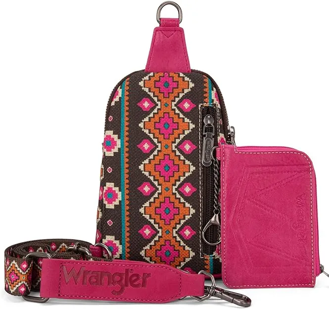 WG2205-210W  Wrangler Aztec Print Crossbody Sling Chest Bag With Zip Card Holder Set -Hot Pink