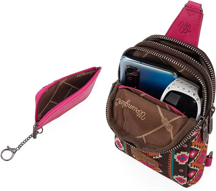 WG2205-210W  Wrangler Aztec Print Crossbody Sling Chest Bag With Zip Card Holder Set -Hot Pink