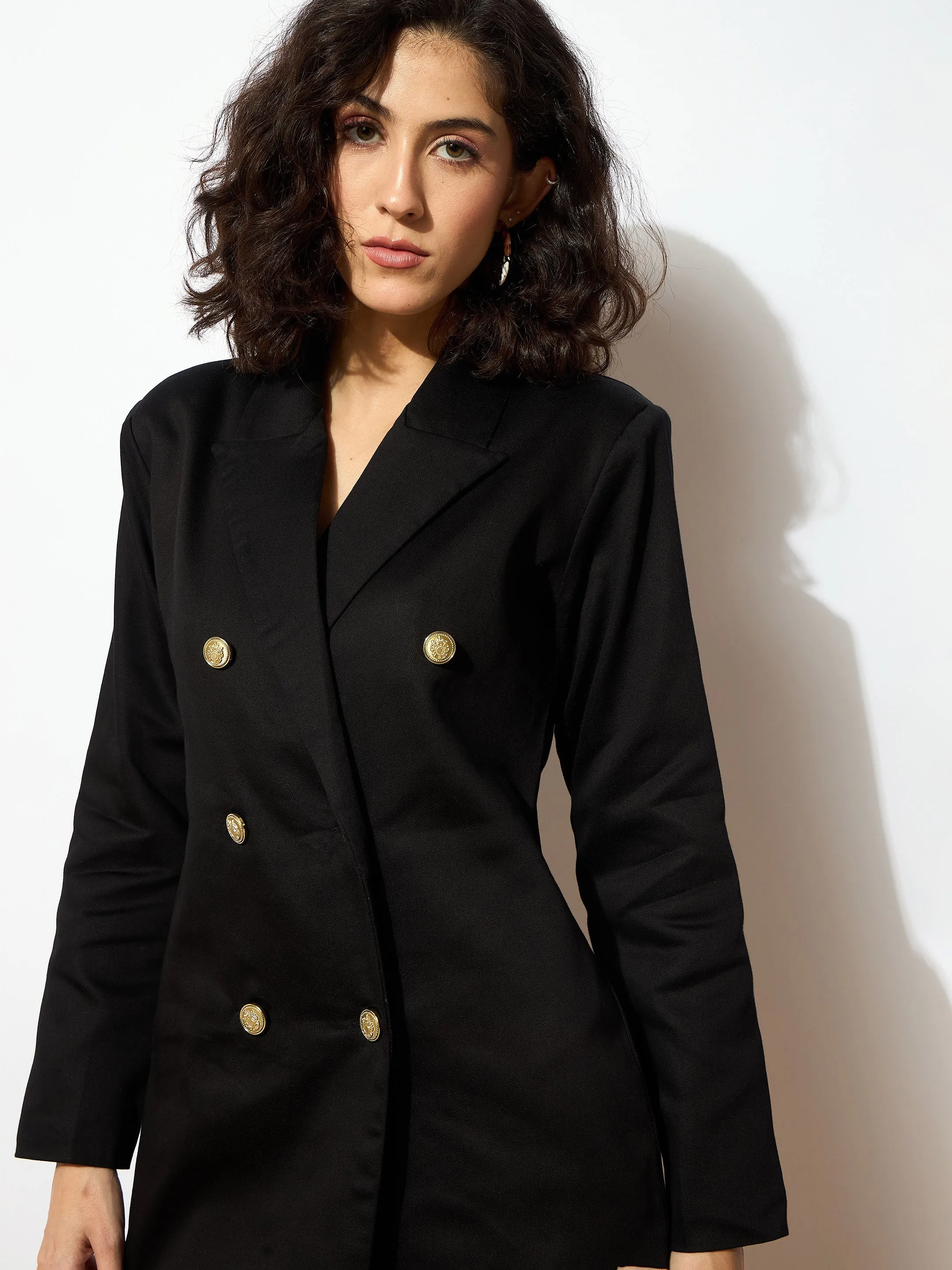 Women Black Full Sleeves Double Breasted Blazer Dress