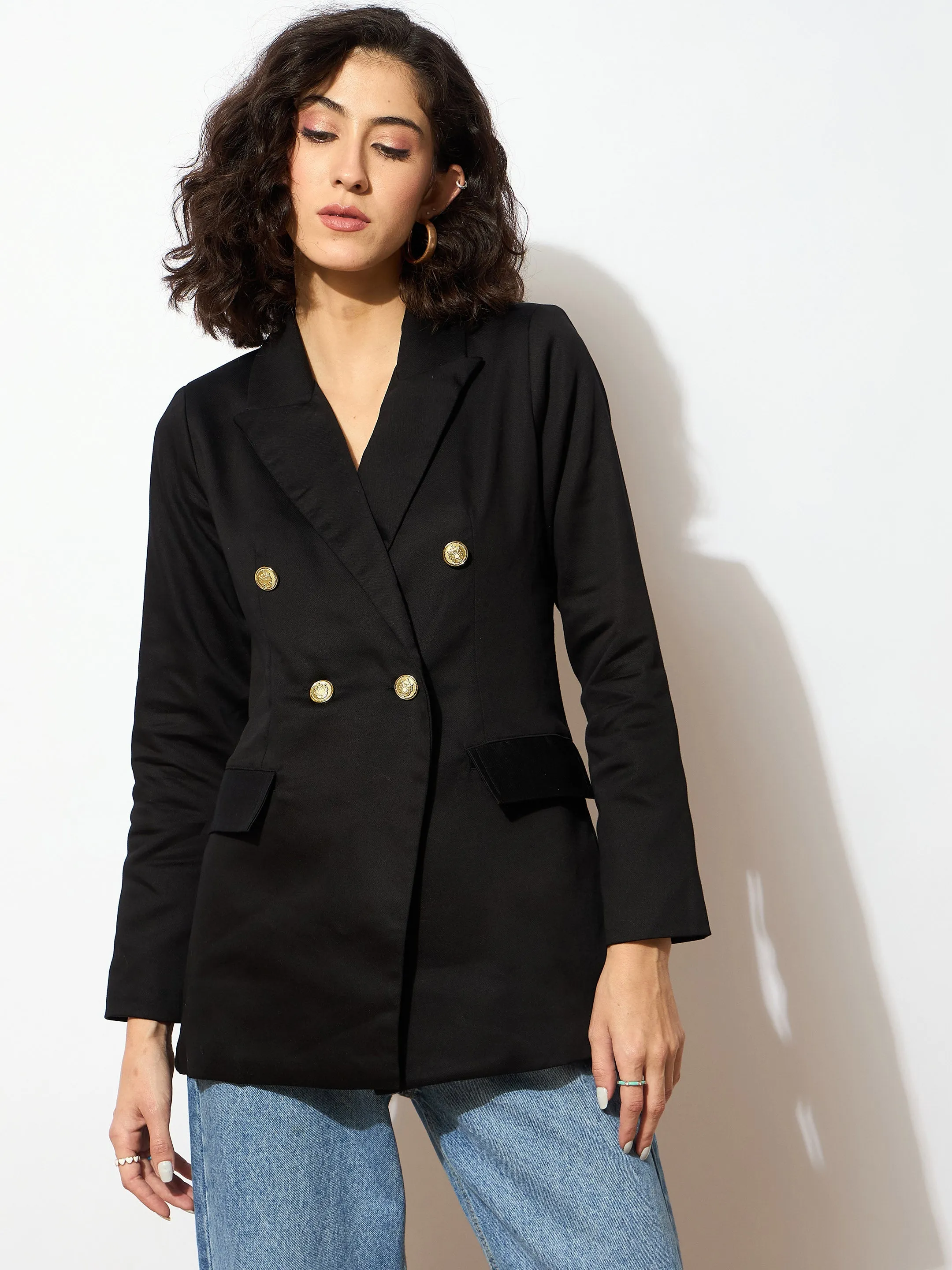 Women Black Full Sleeves Double Breasted Blazer