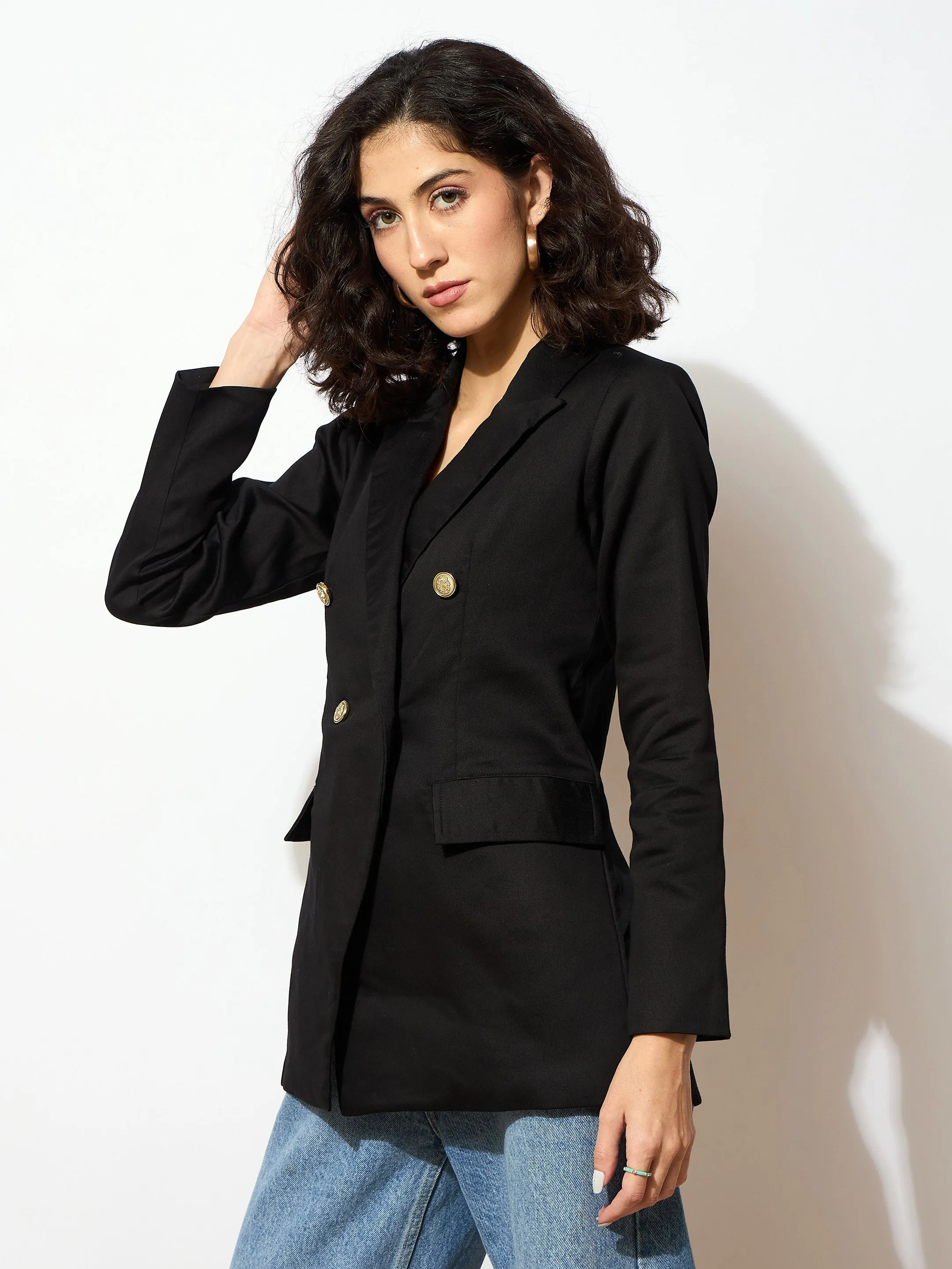 Women Black Full Sleeves Double Breasted Blazer