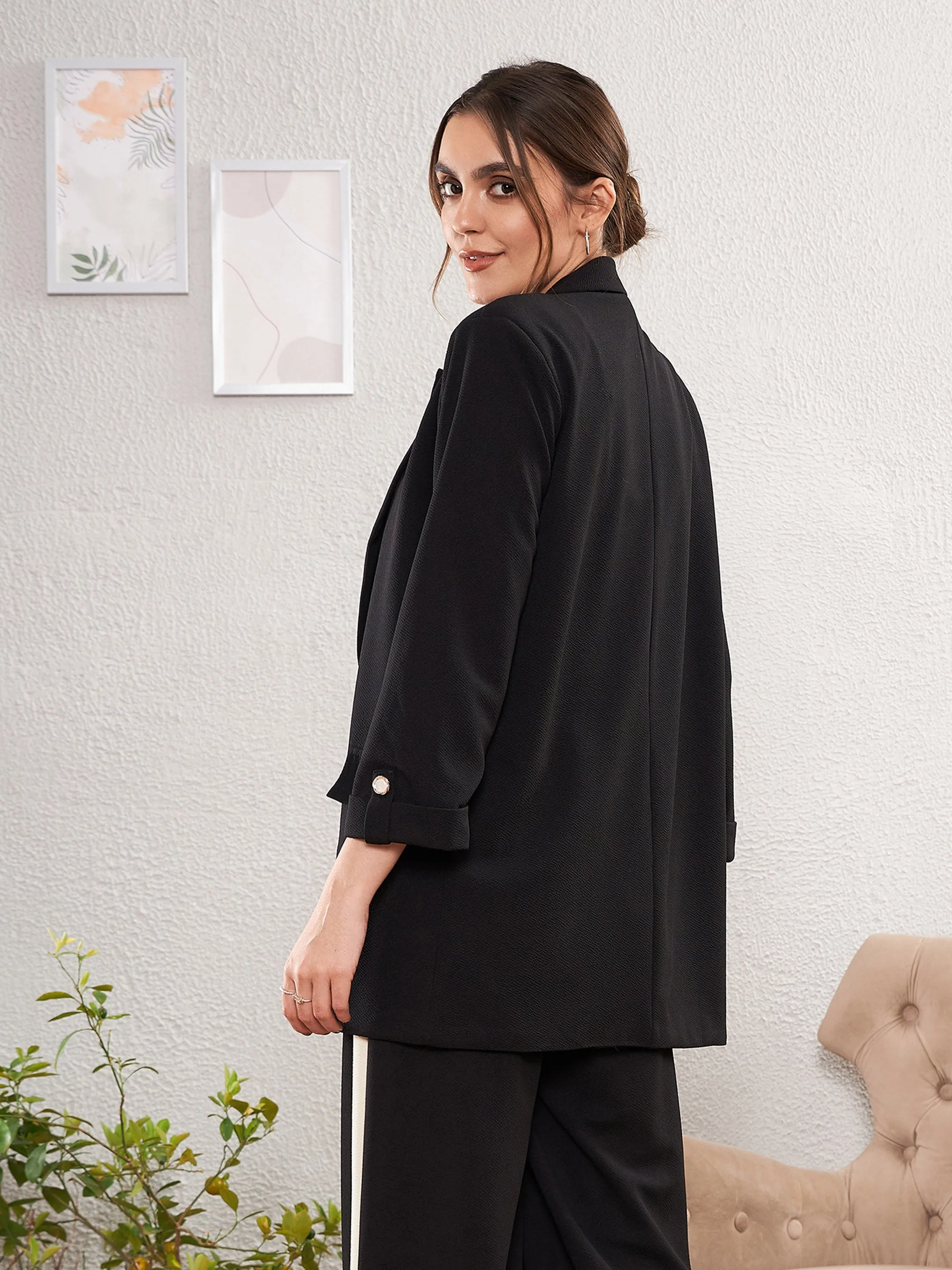 Women Black Longline Front Open Blazer