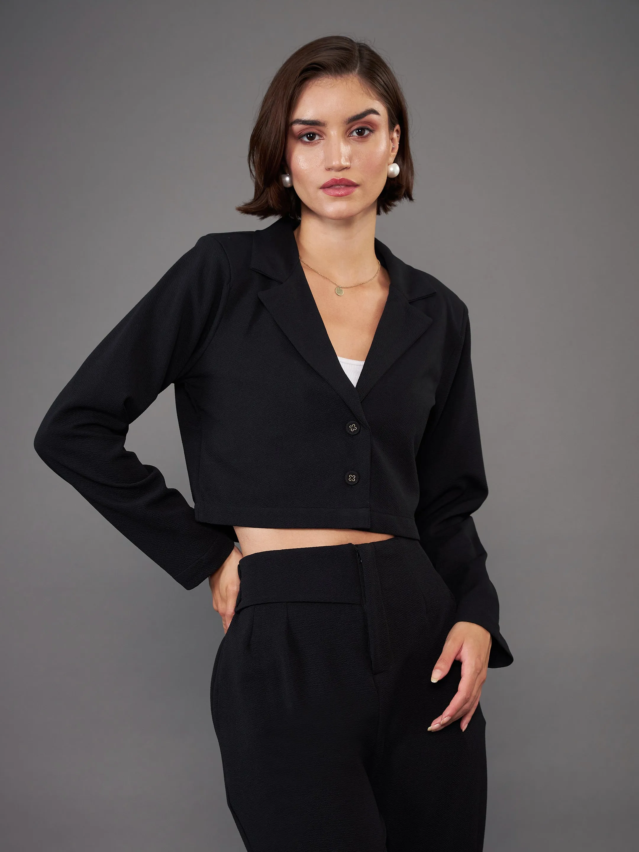 Women Black Notch Collar Crop Blazer