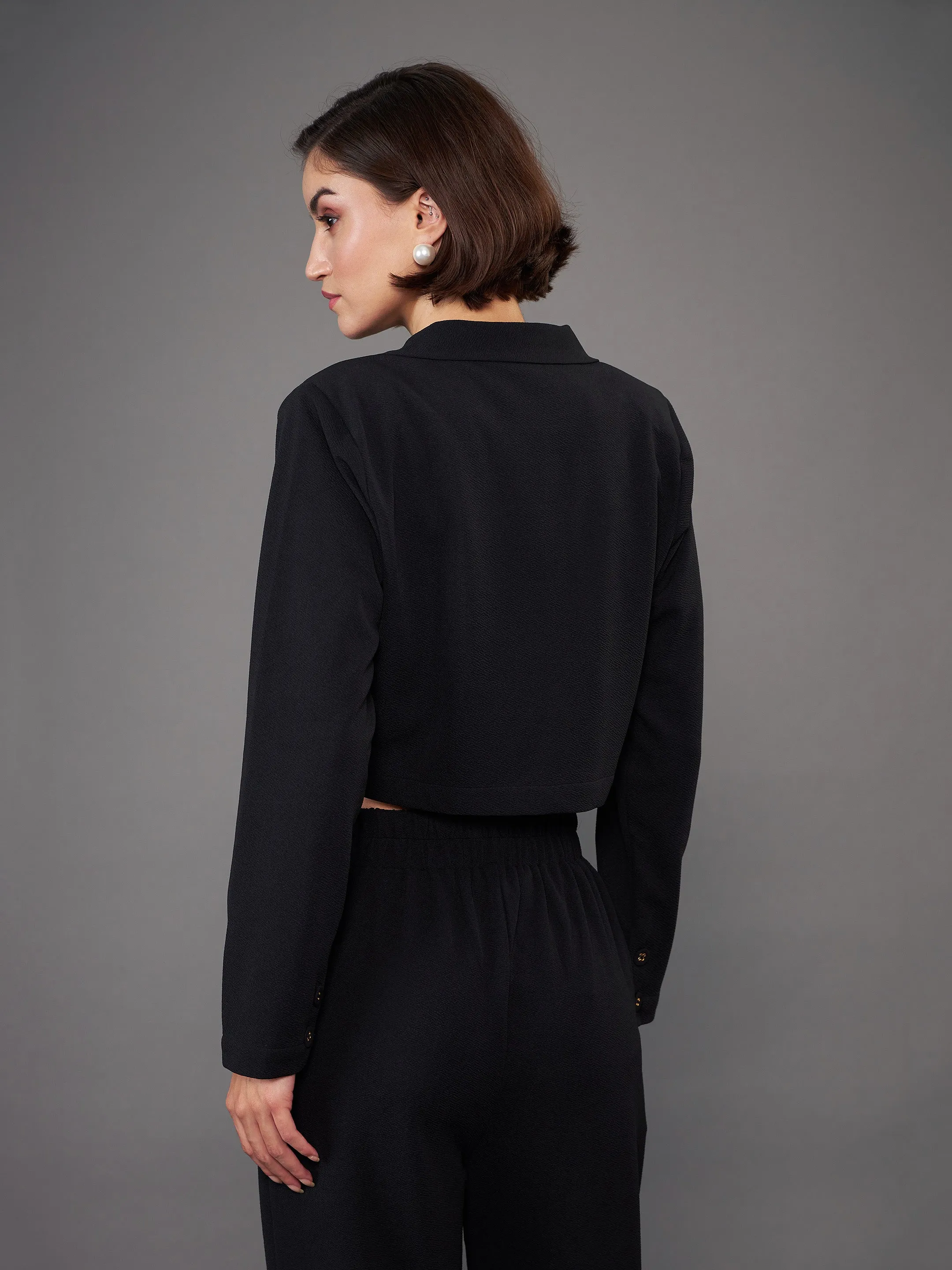 Women Black Notch Collar Crop Blazer