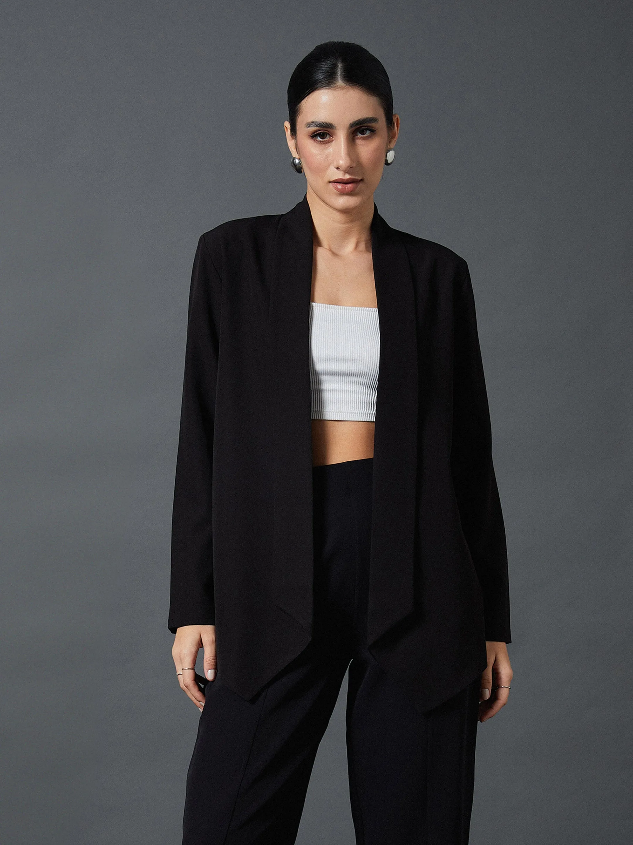 Women Black Shawl Collar Front Open Blazer