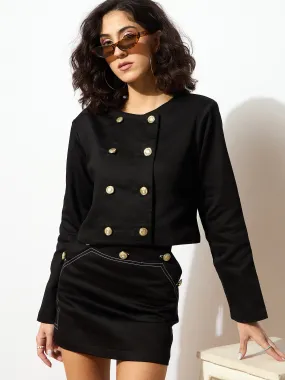 Women Black Twiill Double Breasted Crop Blazer