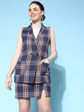 Women Blue Flannel Check Sleeveless Blazer