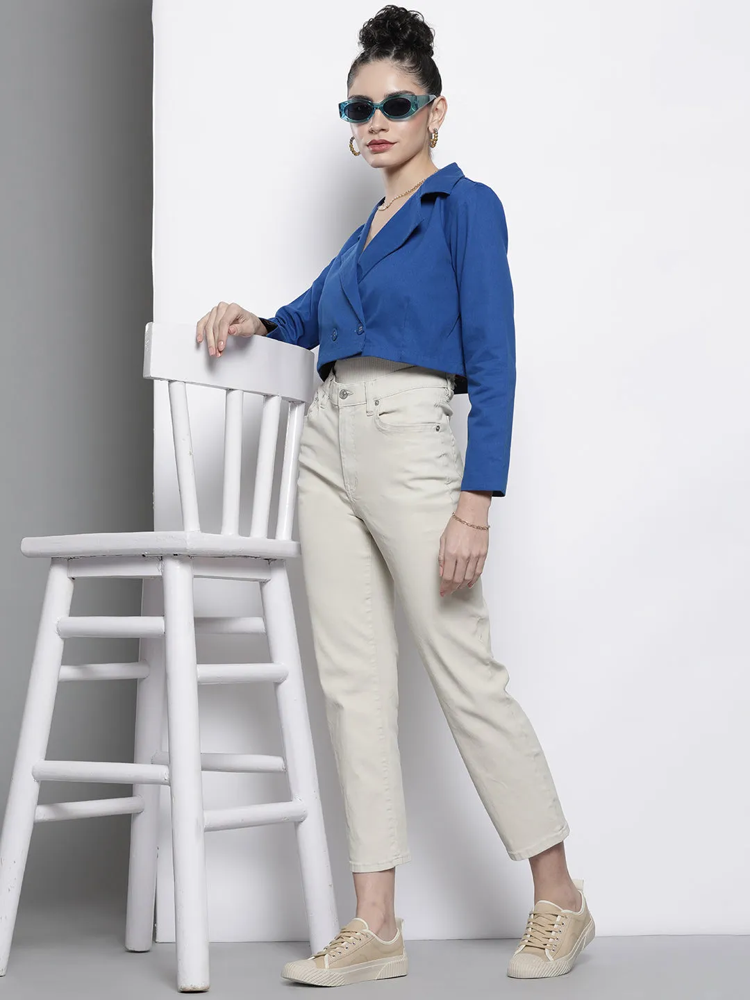 Women Blue Twill Crop Blazer