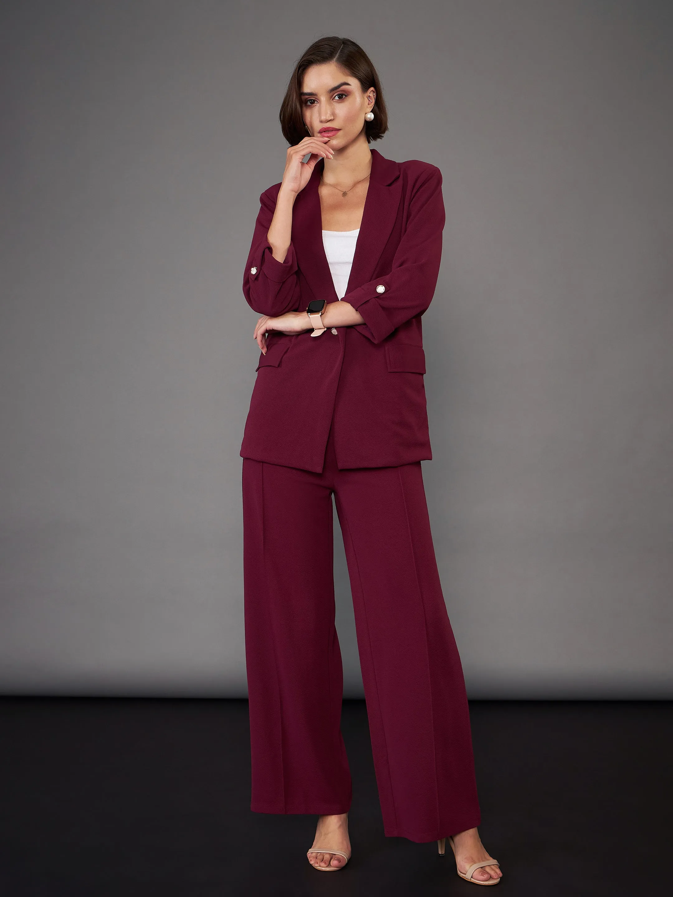 Women Burgundy Front Button Blazer With Palazzo Pants