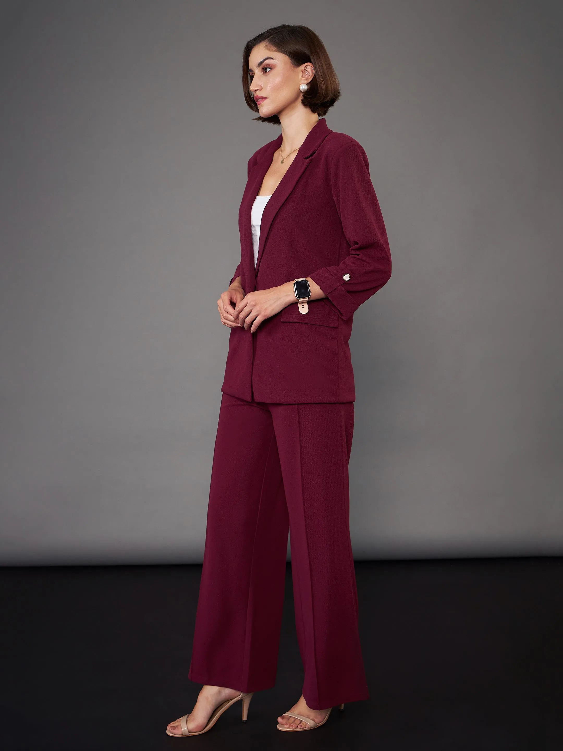 Women Burgundy Front Button Blazer With Palazzo Pants