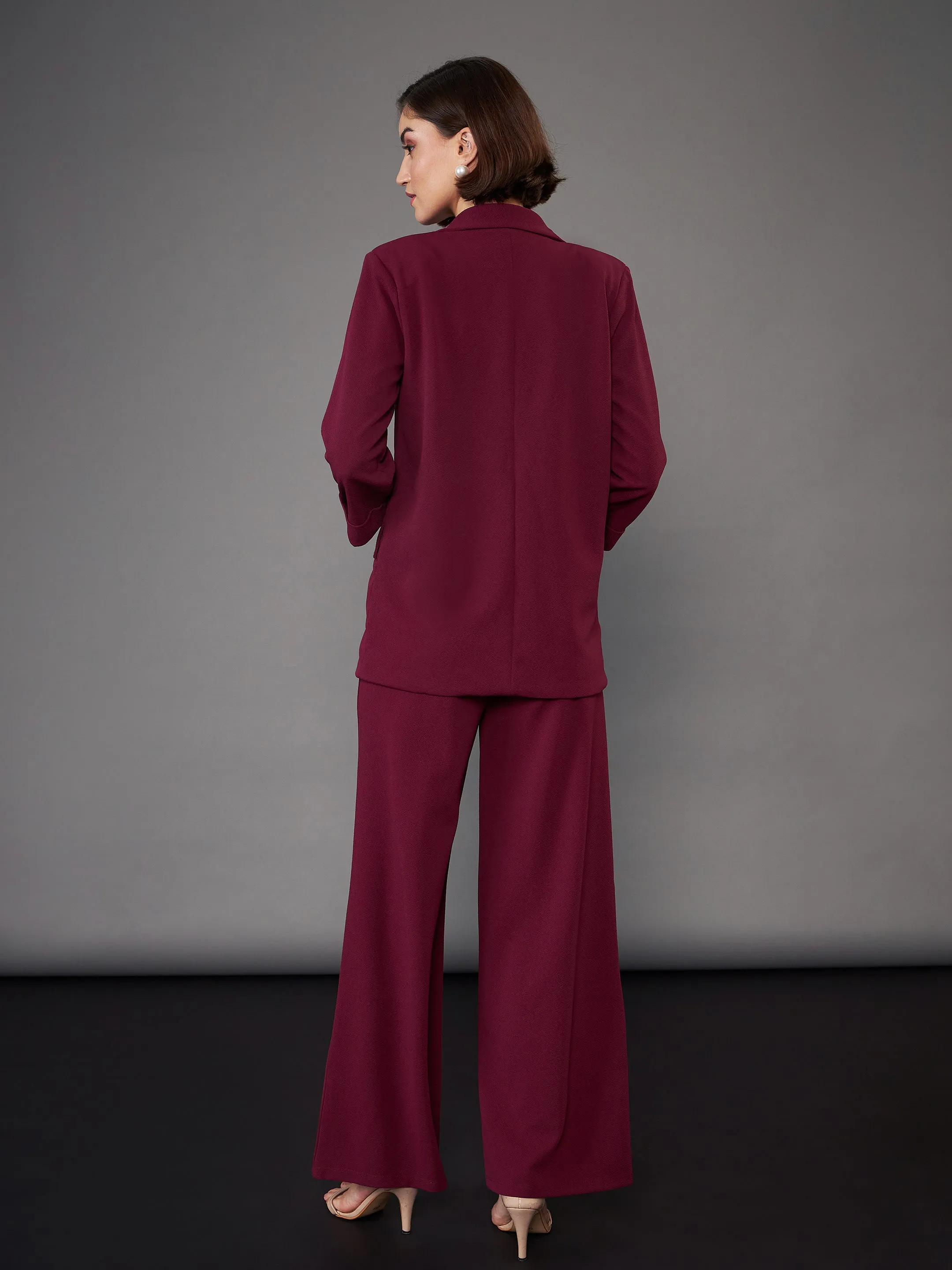 Women Burgundy Front Button Blazer With Palazzo Pants