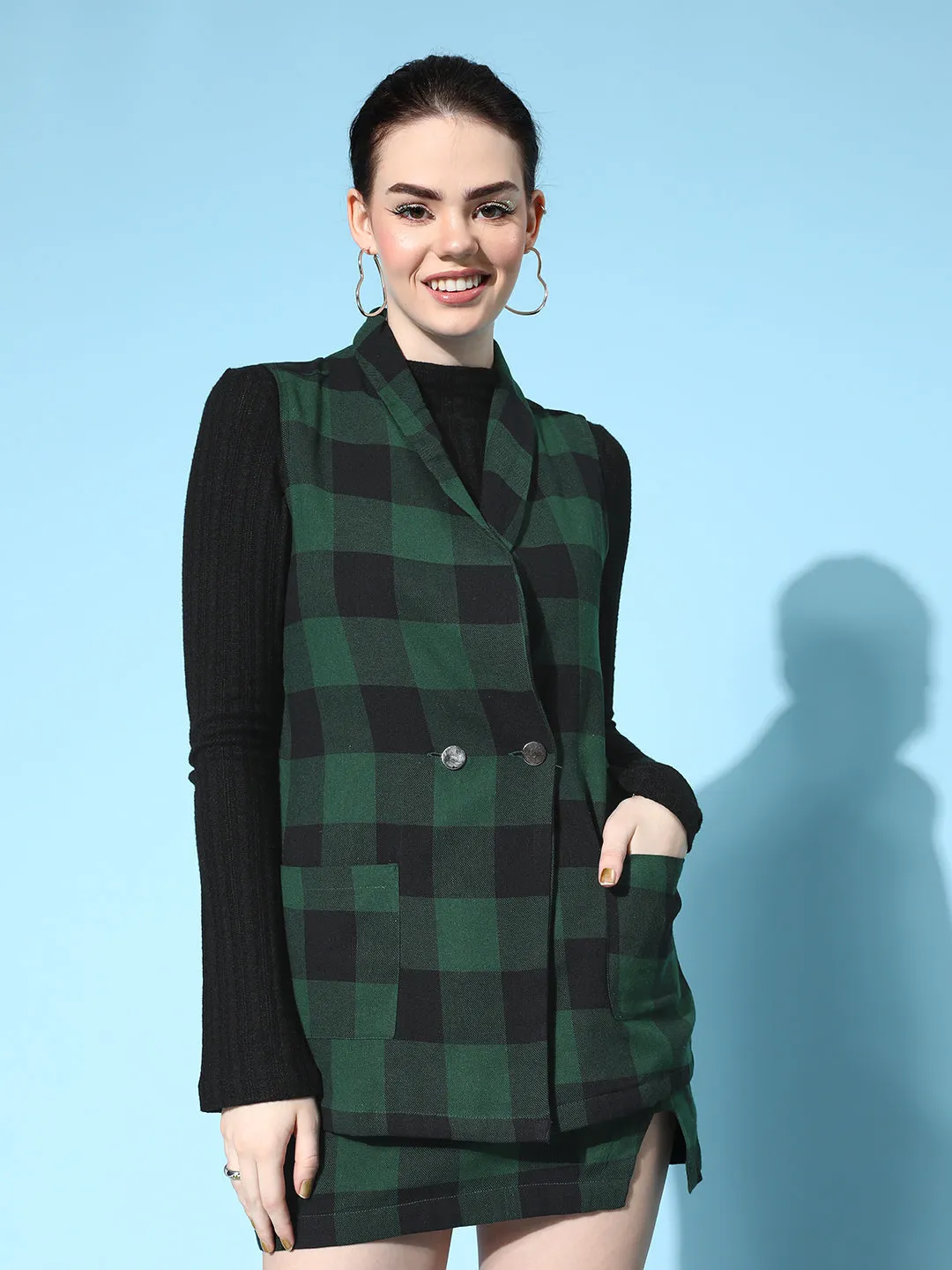 Women Green Flannel Check Sleeveless Blazer