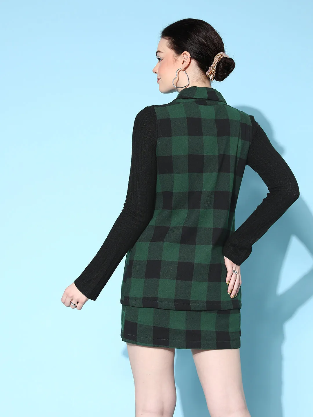 Women Green Flannel Check Sleeveless Blazer